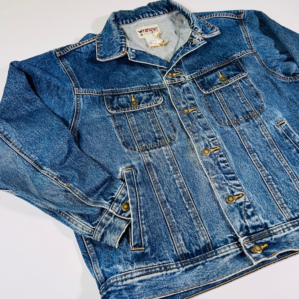 Vintage Wrangler Rugged Wear Denim Trucker Jacket Men's L Blue Jean Distressed